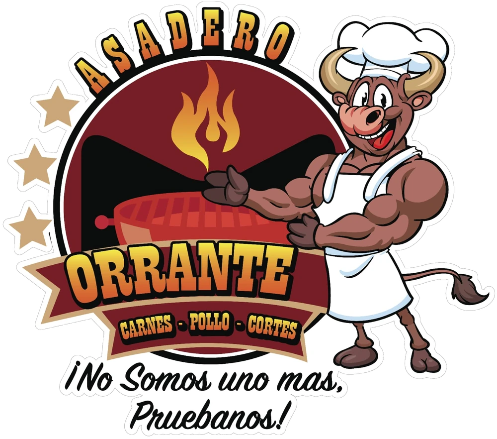 Logotipo de Asadero Orrante: toro chef frente a una parrilla con flama y el lema No somos uno más, pruébanos